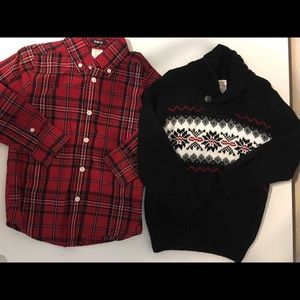 Size 4 boys red plaid shirt and Christmas sweater.